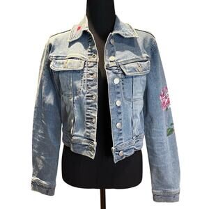 BEBE Denim Jean Jacket with Hand Painted Pink Roses Size Sm, EUC